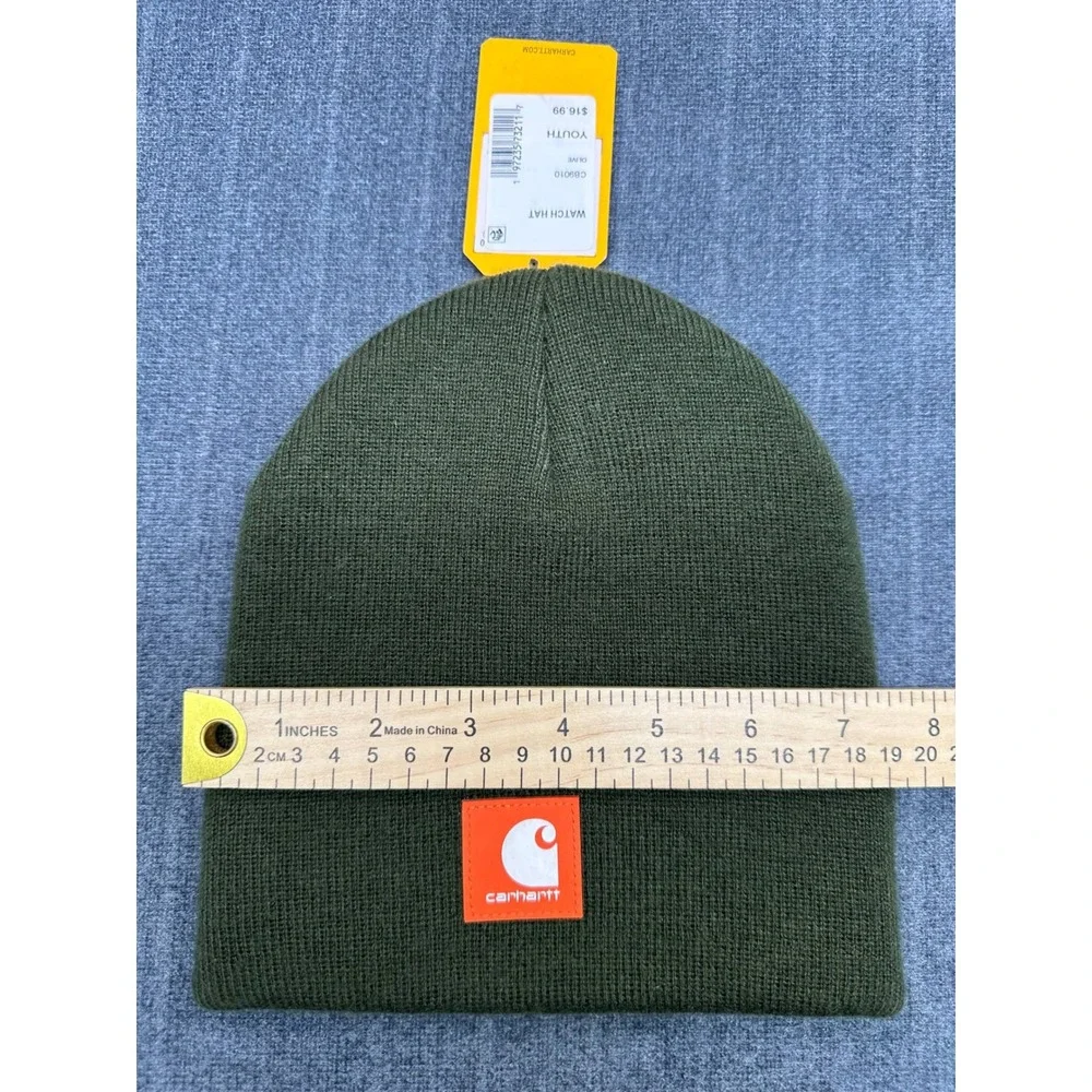 Carhartt Youth Watch Hat Beanie Olive Green Logo Patch AH9010 Ribbed Knit NEW